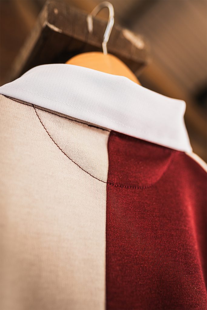 Contoured back neck seam on custom traditional rugby shirt UK