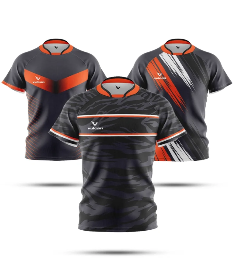 Three bespoke rugby shirts with black, charcoal, orange and white sublimated designs by Vulcan Sports