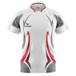 White bespoke rugby shirt with red and grey custom sublimated design by Vulcan Sports