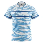 Blue and white bespoke rugby shirt with patterned sublimated design by Vulcan Sports