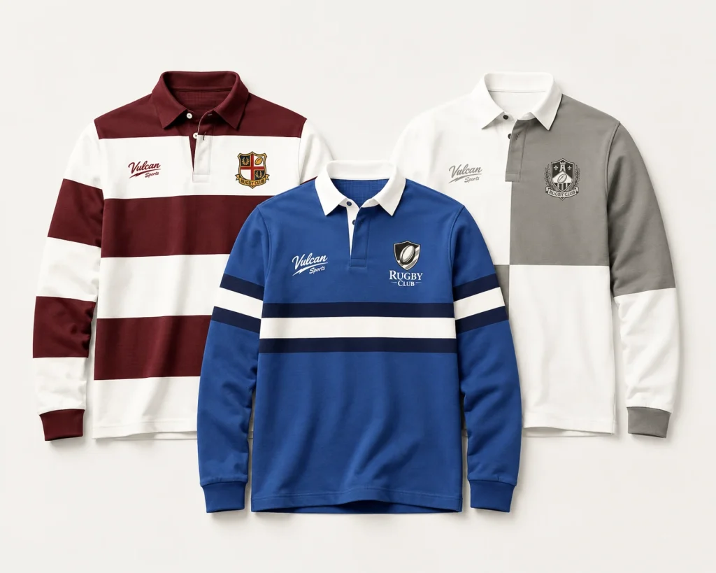 Three bespoke traditional sports shirts in burgundy, blue and grey with embroidered club logos.