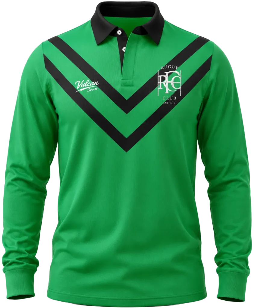 Green bespoke traditional rugby shirt with black chevron design and club badge