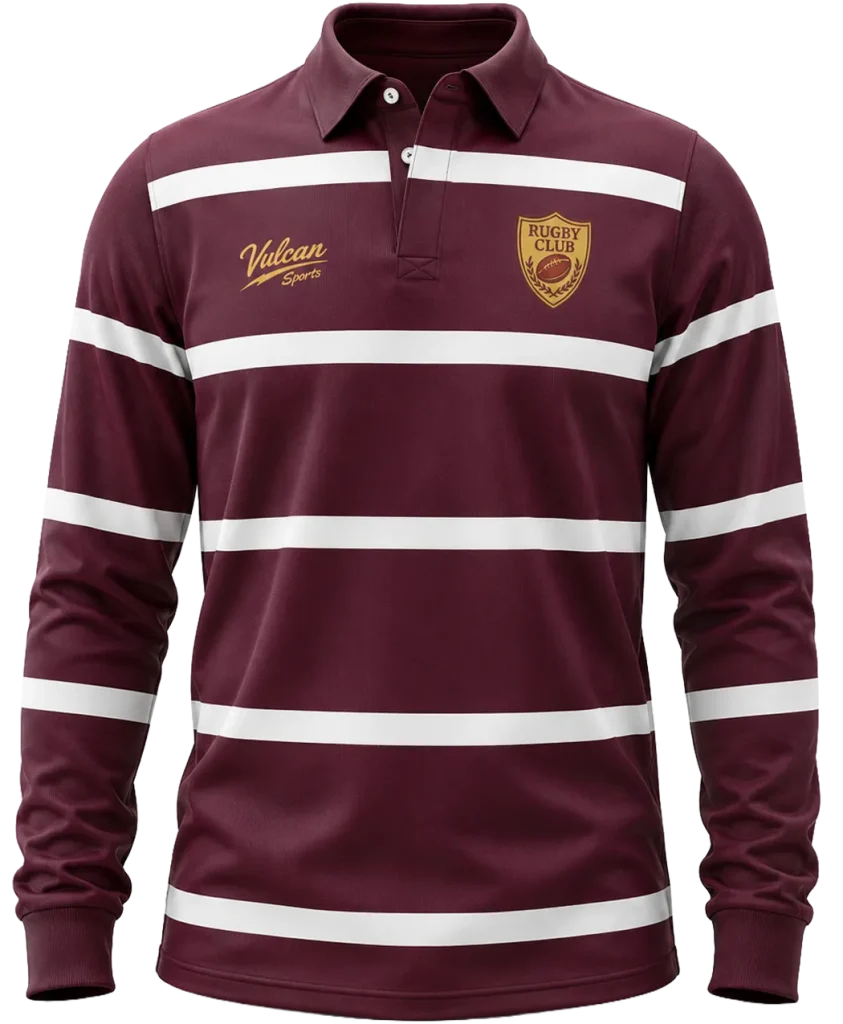 Maroon and white hooped bespoke traditional rugby shirt with club badge