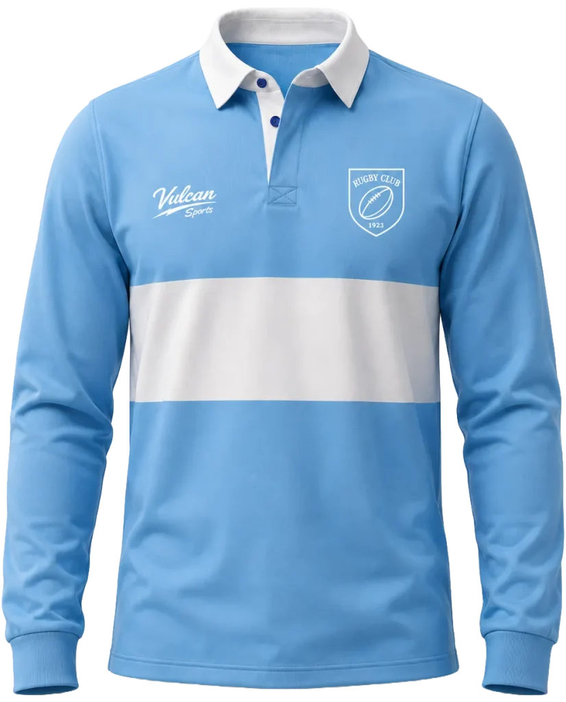 Light blue bespoke traditional rugby shirt with white chest band and classic collar