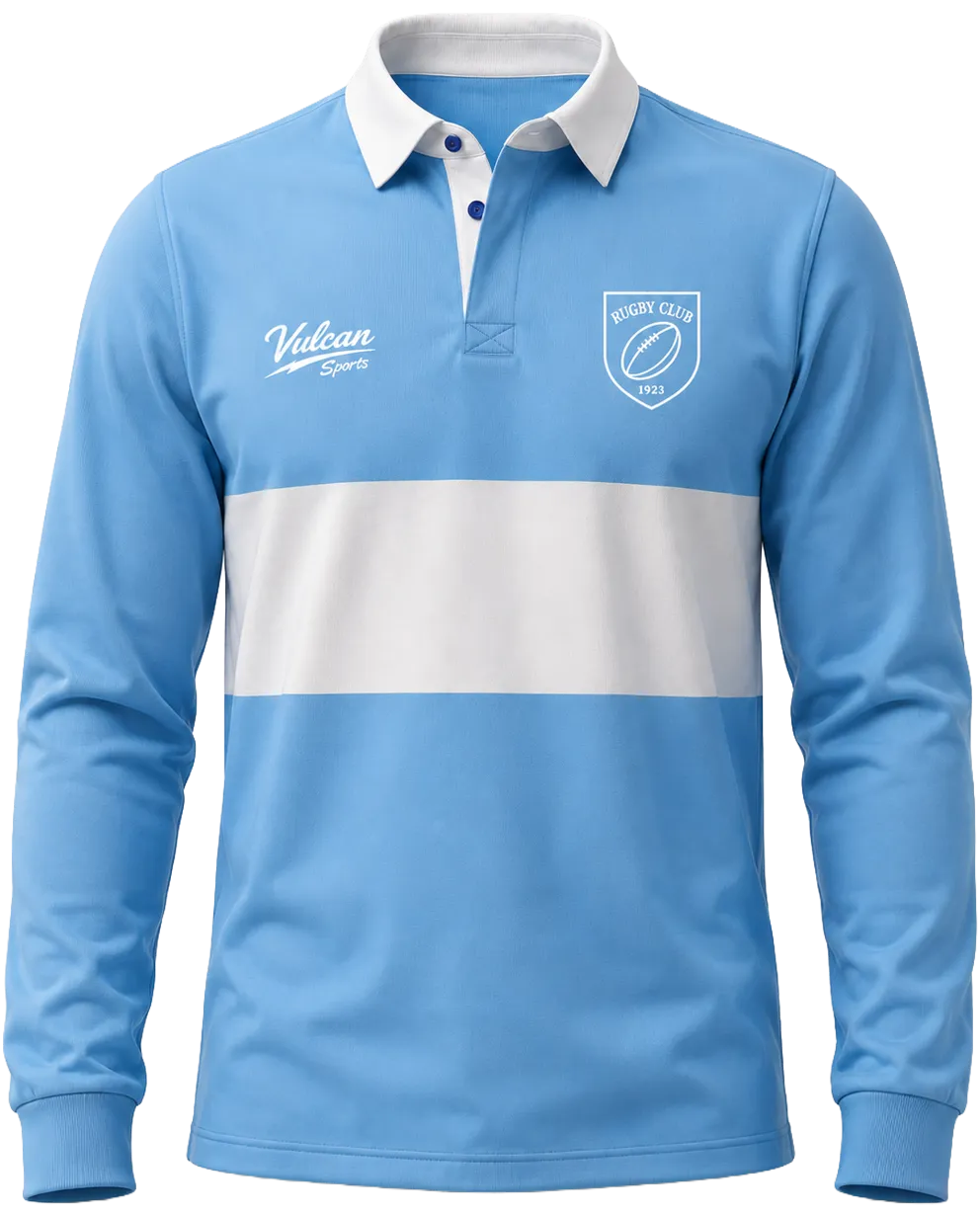 Light blue bespoke traditional rugby shirt with white chest band and classic collar