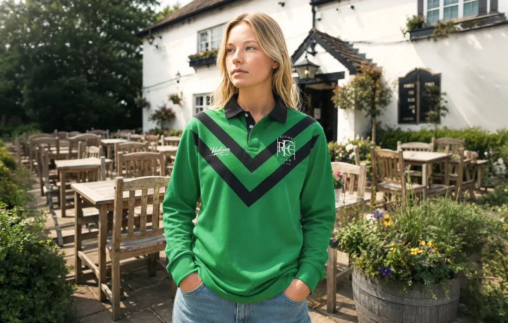 Model wearing a green bespoke traditional shirt with black chevron design and embroidered logos.
