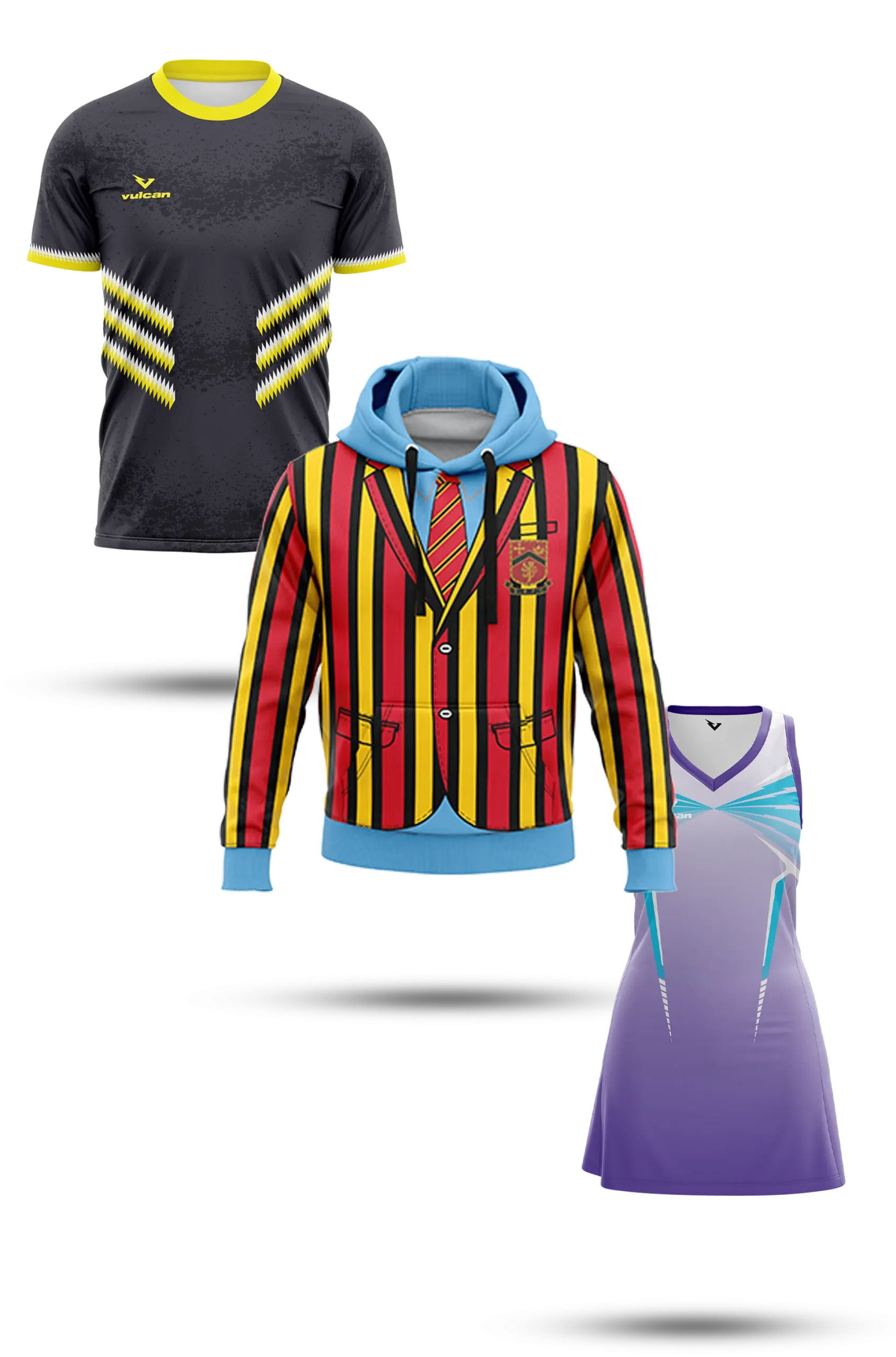 Selection of bespoke Vulcan Sports teamwear, including custom shirts, a hoodie and a netball dress