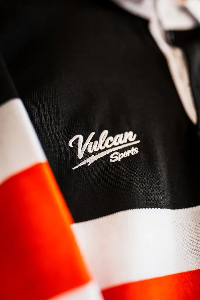 Close-up of a Vulcan Sports traditional rugby shirt made in the UK