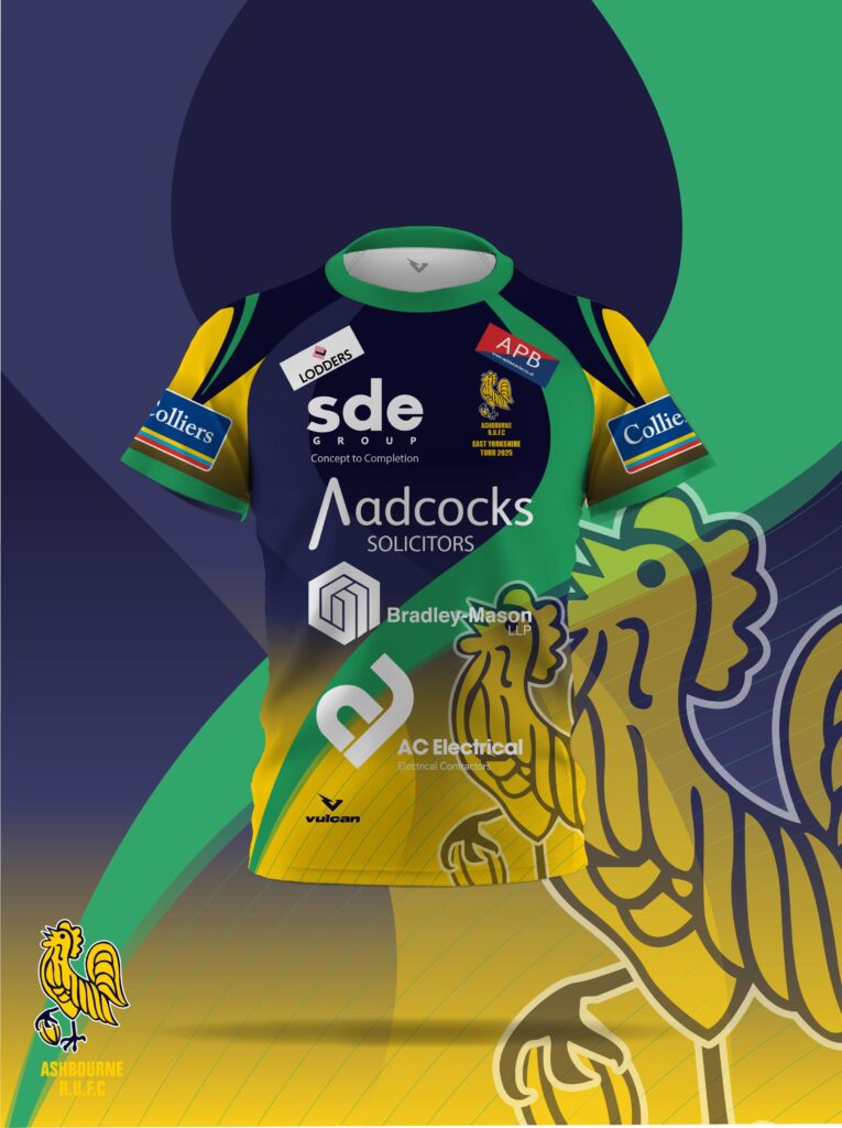 Ashbourne RUFC East Yorkshire Tour 2025 custom rugby shirt in navy, green and yellow.