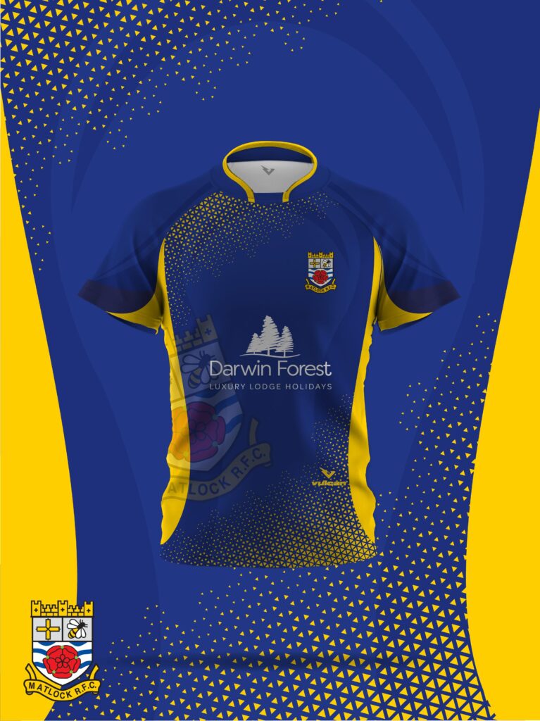 Matlock RFC 2026 custom rugby shirt in navy blue and yellow with a dotted gradient design.