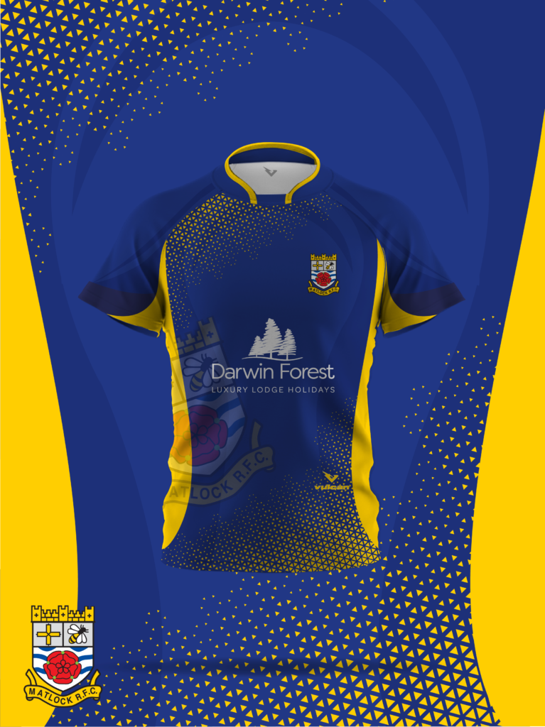 Matlock RFC 2026 custom rugby shirt in navy blue and yellow with a dotted gradient design.