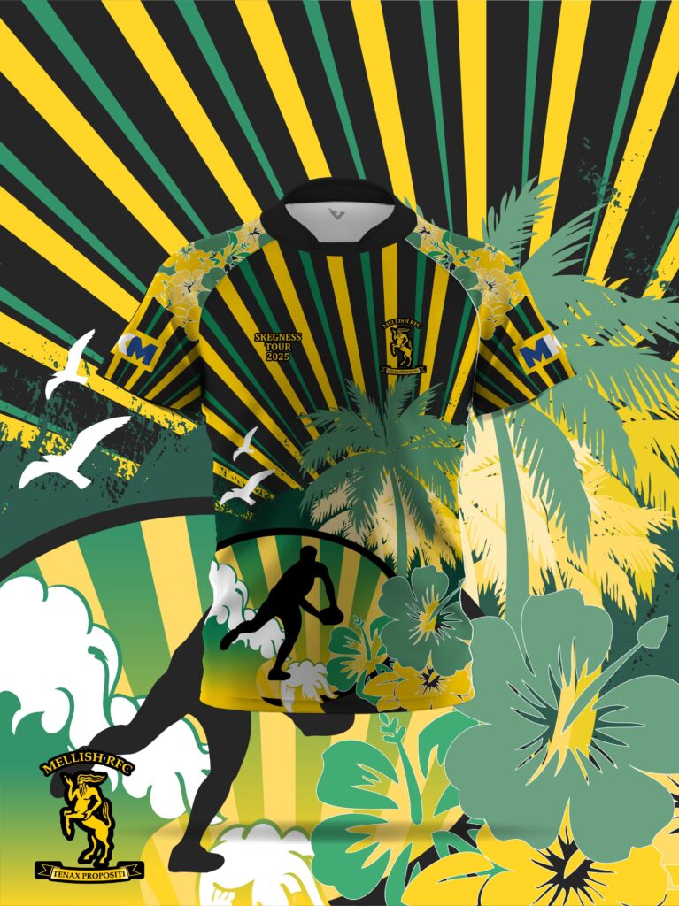 Mellish RUFC Skegness Tour 2025 rugby shirt in green, black and yellow with tropical artwork.